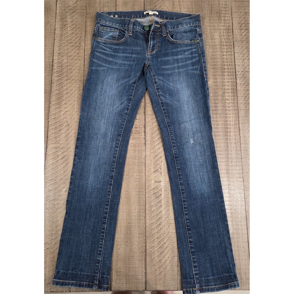 Womens Cabri Denim Jeans Medium Wash Unique Green/Gold Button Size 2